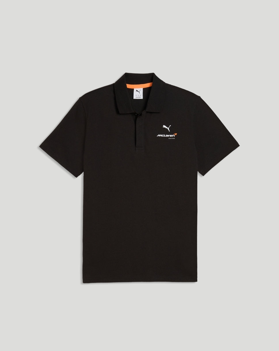 Front view of black McLaren polo with small white logo on the left chest.