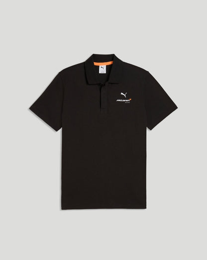 Front view of black McLaren polo with small white logo on the left chest.