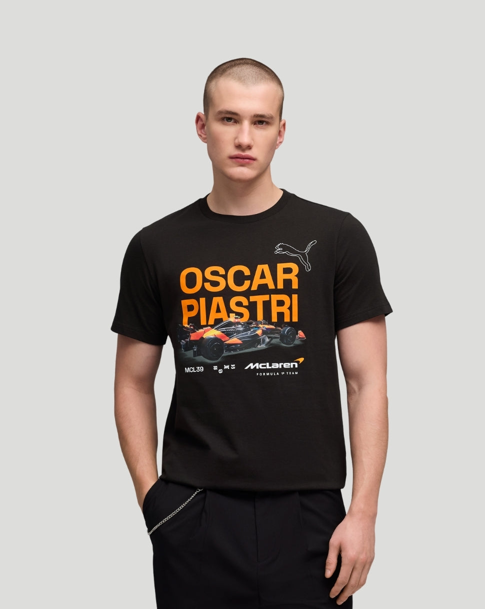 Black McLaren Oscar Piastri Core T shirt with bold orange typography and racing car graphic