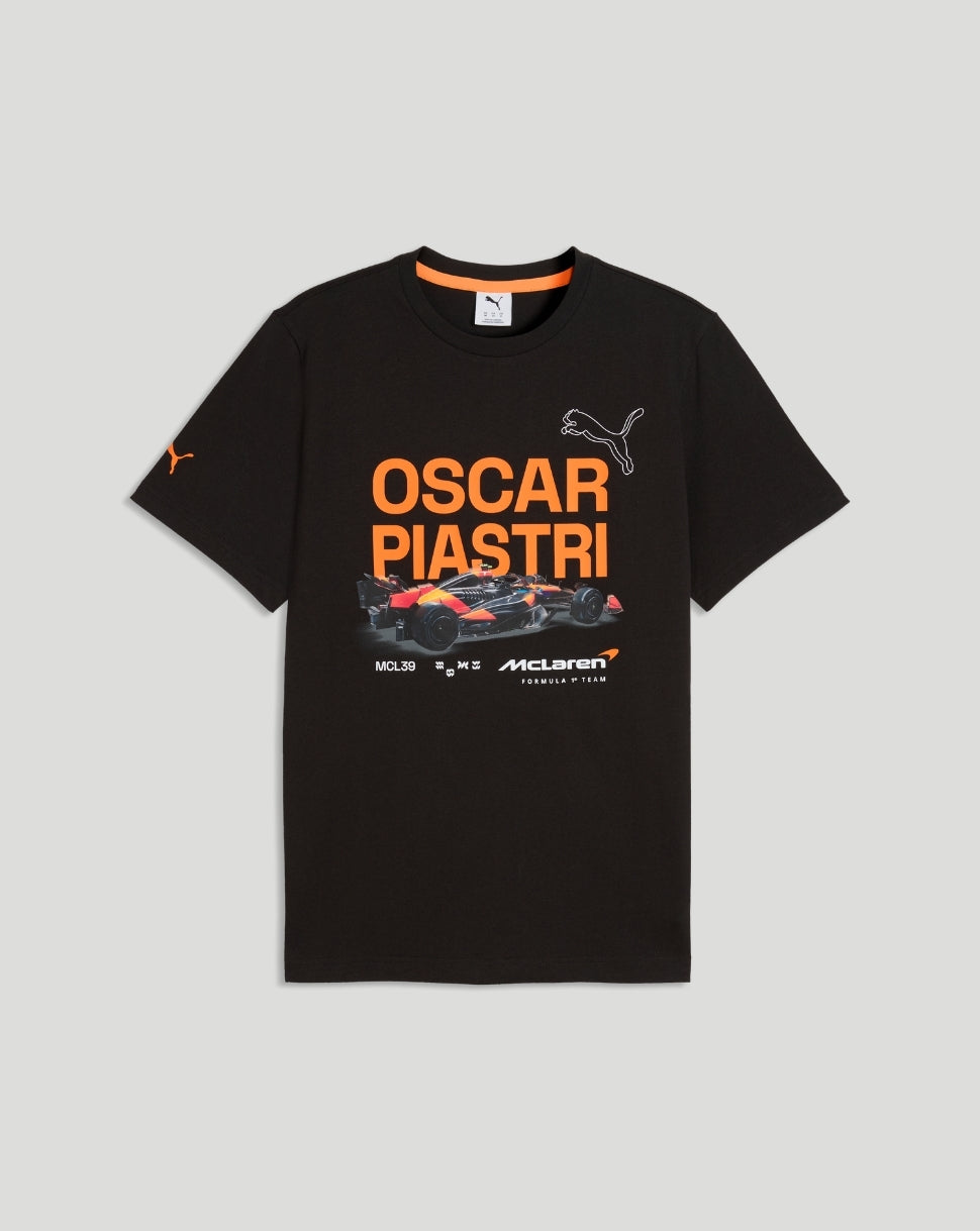 Front view of black McLaren Piastri Core T-Shirt with bold orange Oscar Piastri graphic and racing car imagery.