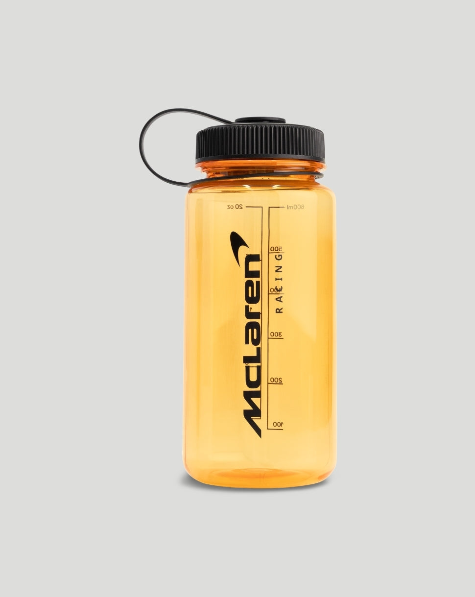 Yellow transparent McLaren 600ml water bottle with black screw cap and carrying loop.