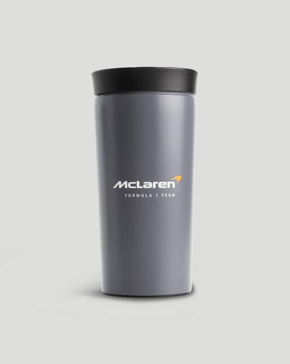 McLaren 400ml thermal mug in matte grey with a black lid and white logo.