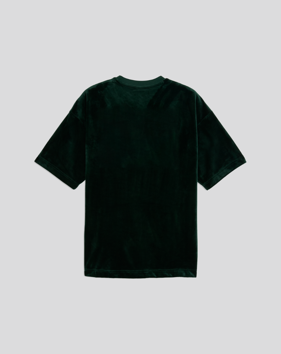 Back view of dark green velvet Aston Martin team T shirt