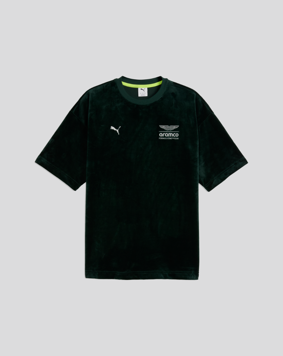 Dark green velour T shirt with Aston Martin Formula One Team emblem and Aramco patch on the left chest.