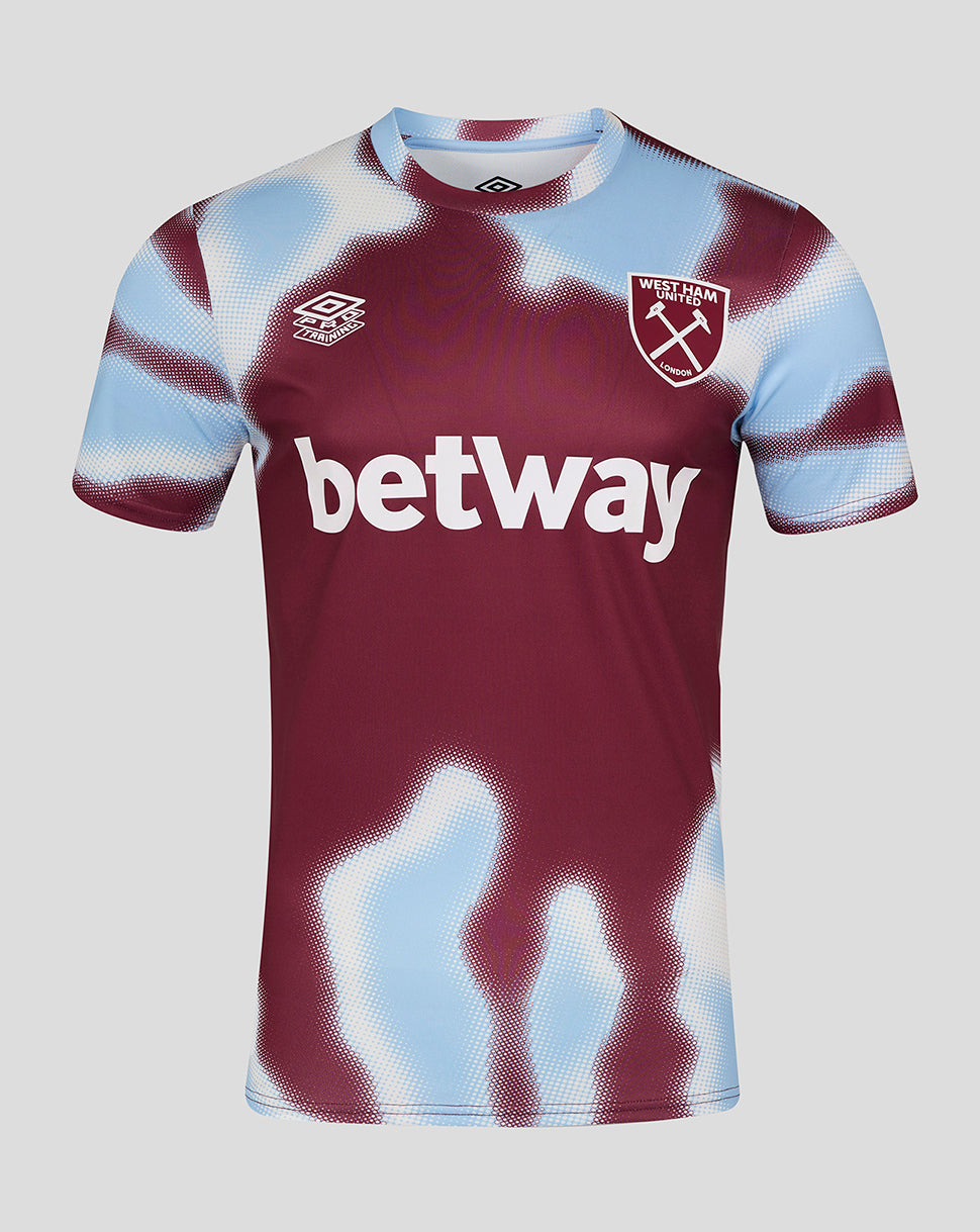 Front view of burgundy West Ham warm up jersey with light blue camouflage pattern and the white betway sponsor across the chest.