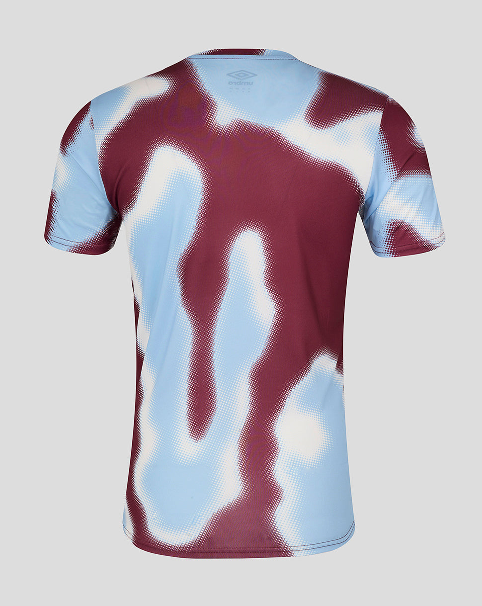 Back view of burgundy West Ham warm up jersey with blue camouflage pattern.