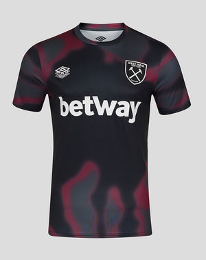 West Ham 24/25 warm up jersey in black with a maroon abstract pattern and bold Betway sponsor across the chest