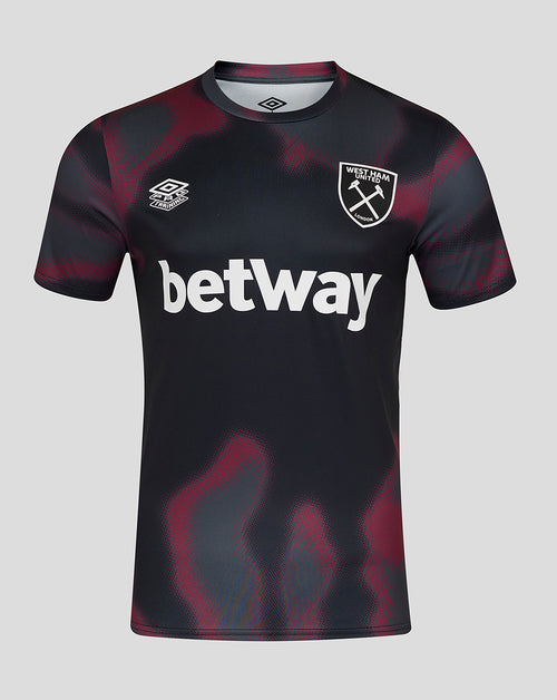 West Ham 24/25 warm up jersey in black with a maroon abstract pattern and bold Betway sponsor across the chest