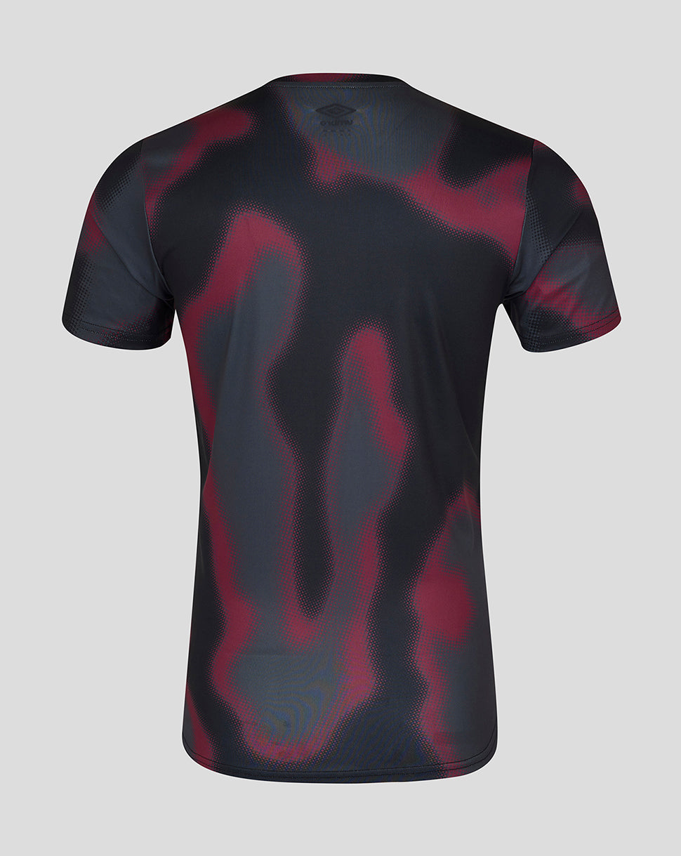 Back view of West Ham 24/25 warm up jersey in black with maroon pattern and Umbro logo at the neckline