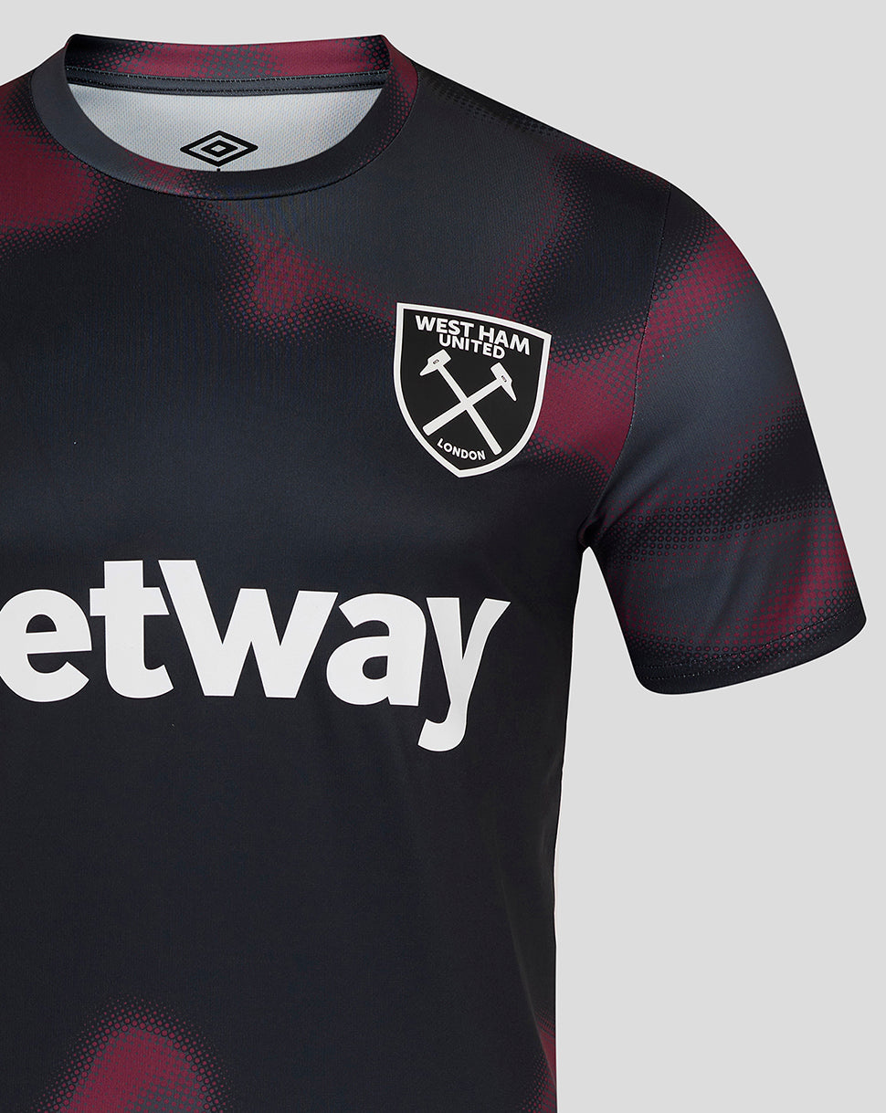 West Ham United men's warm up jersey in black with burgundy pattern, crest on the chest and Betway sponsor across the front