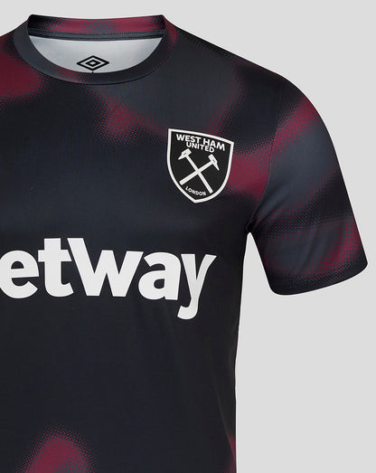West Ham United men's warm up jersey in black with burgundy pattern, crest on the chest and Betway sponsor across the front