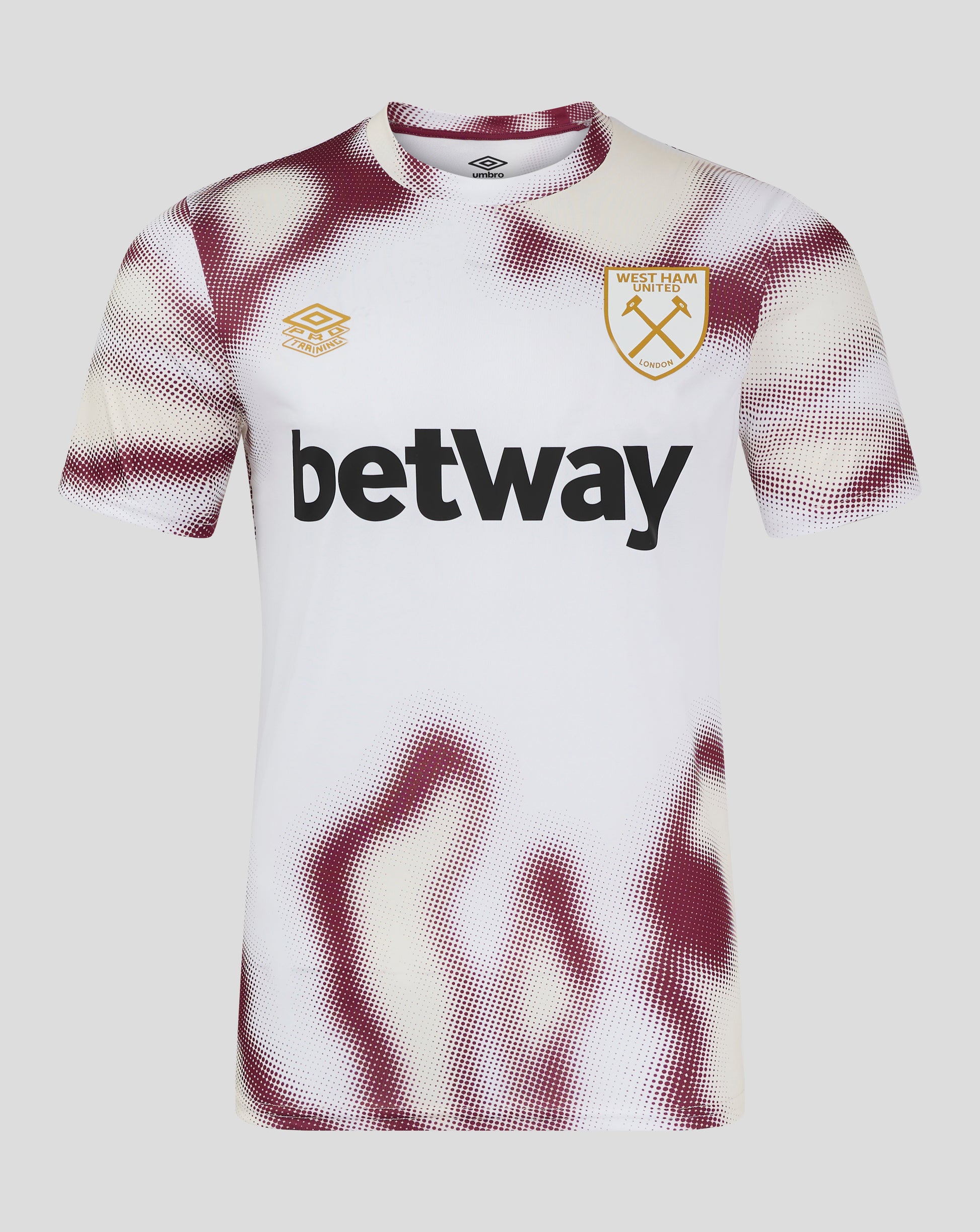 White West Ham 24/25 men's warm up jersey with burgundy dotted pattern and large betway sponsor