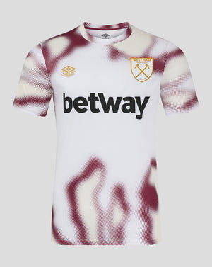 White West Ham 24/25 men's warm up jersey with burgundy dotted pattern and large betway sponsor