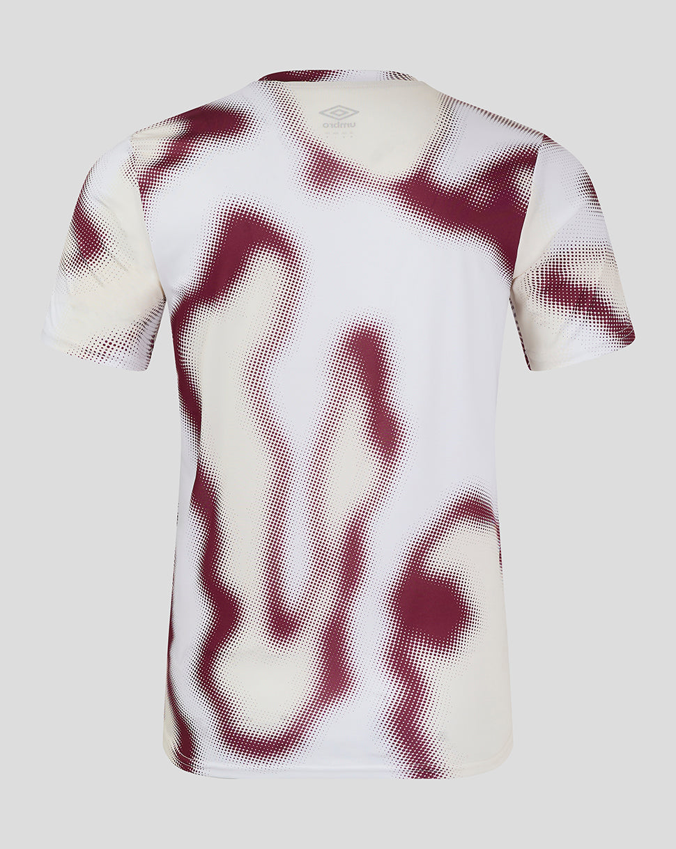 Back view of West Ham 24/25 White Warm Up Jersey with burgundy abstract dot pattern