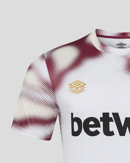 Shoulder and sleeve detail of West Ham 24/25 White Warm Up Jersey with burgundy dotted pattern on white fabric