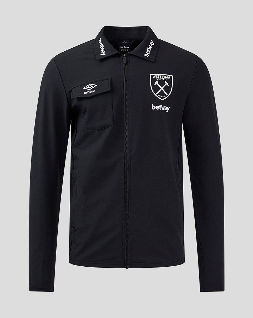 Front view of black West Ham 24/25 presentation jacket with crest, Betway logo and Umbro chest patch