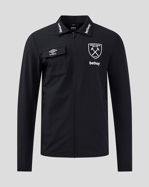 Front view of black West Ham 24/25 presentation jacket with crest, Betway logo and Umbro chest patch