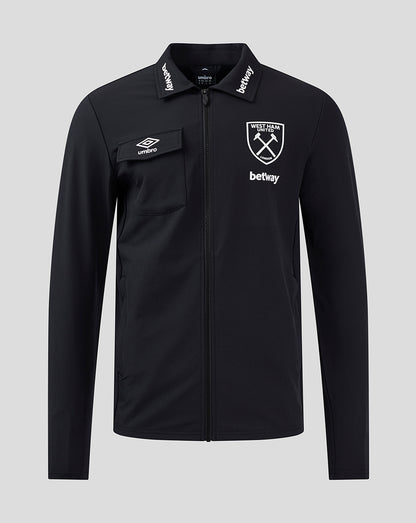Front view of black West Ham 24/25 presentation jacket with crest, Betway logo and Umbro chest patch