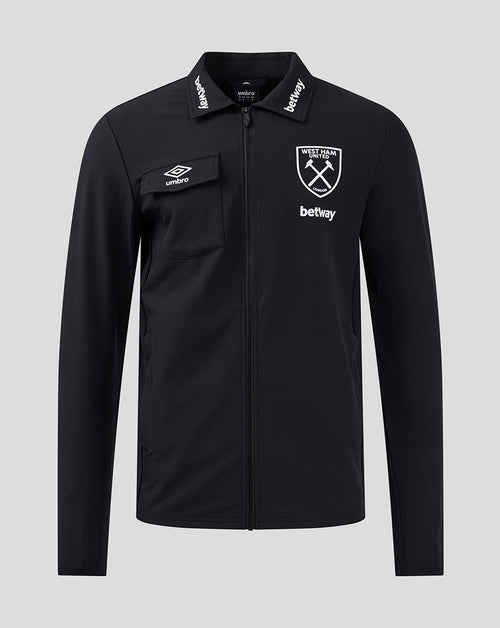 Front view of black West Ham 24/25 presentation jacket with crest, Betway logo and Umbro chest patch