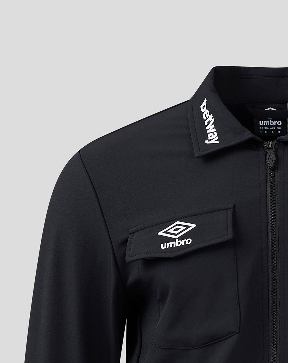 Black West Ham presentation jacket with a zip front and chest flap pocket displaying the Umbro logo and Betway branding on the collar