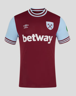 Women's burgundy West Ham 24/25 home jersey with light blue sleeves and betway across the front.
