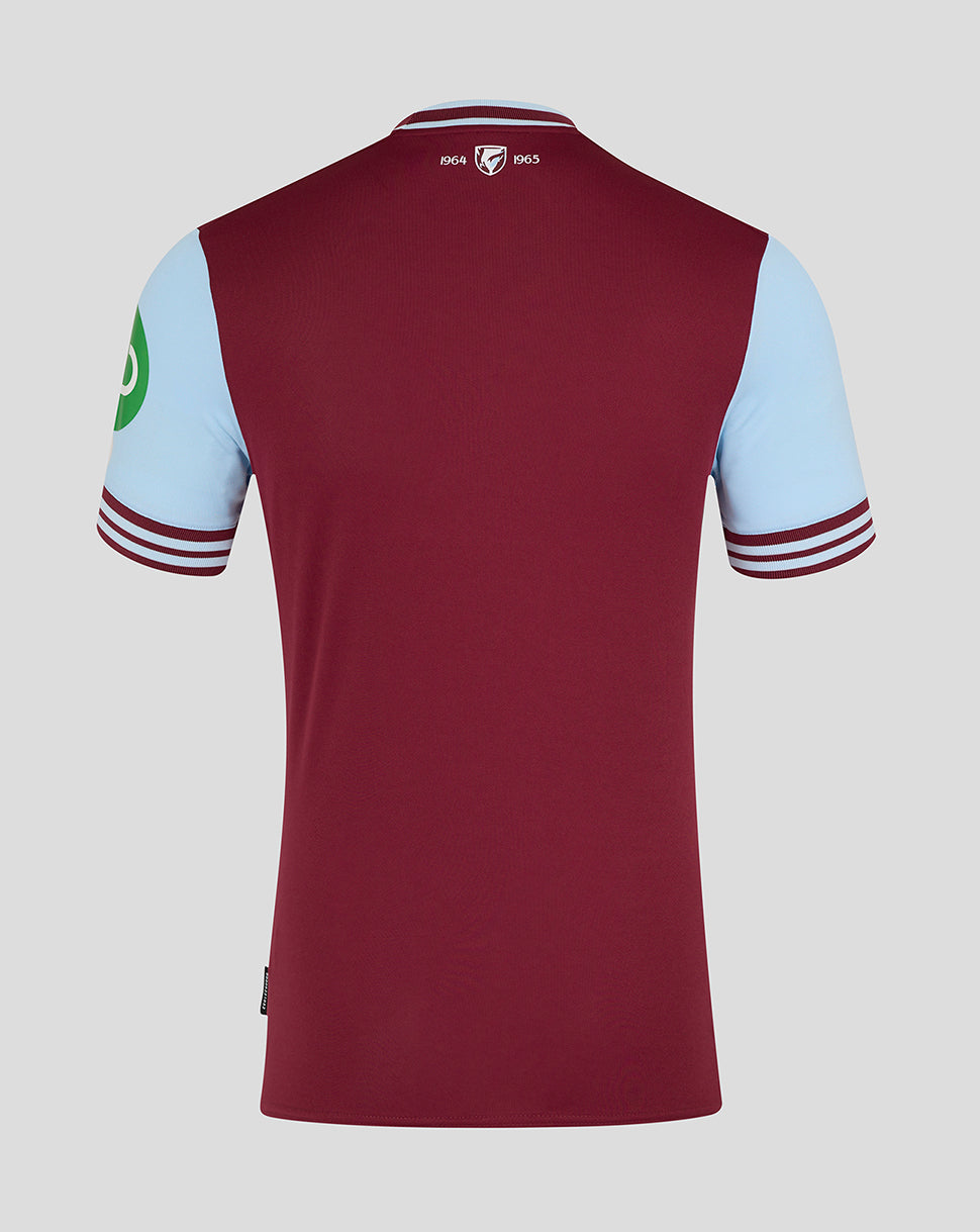 Back view of burgundy West Ham 24/25 men's home jersey with light blue sleeves