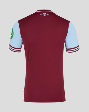 Back view of burgundy West Ham 24/25 men's home jersey with light blue sleeves