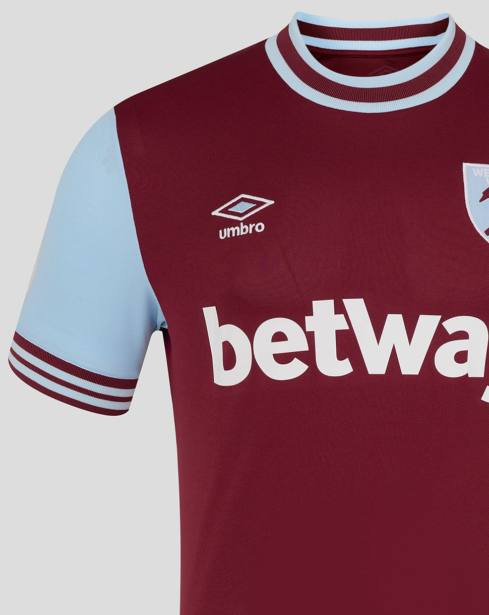 West Ham 24/25 men home jersey front close up burgundy torso with light blue sleeves crest and betway sponsor