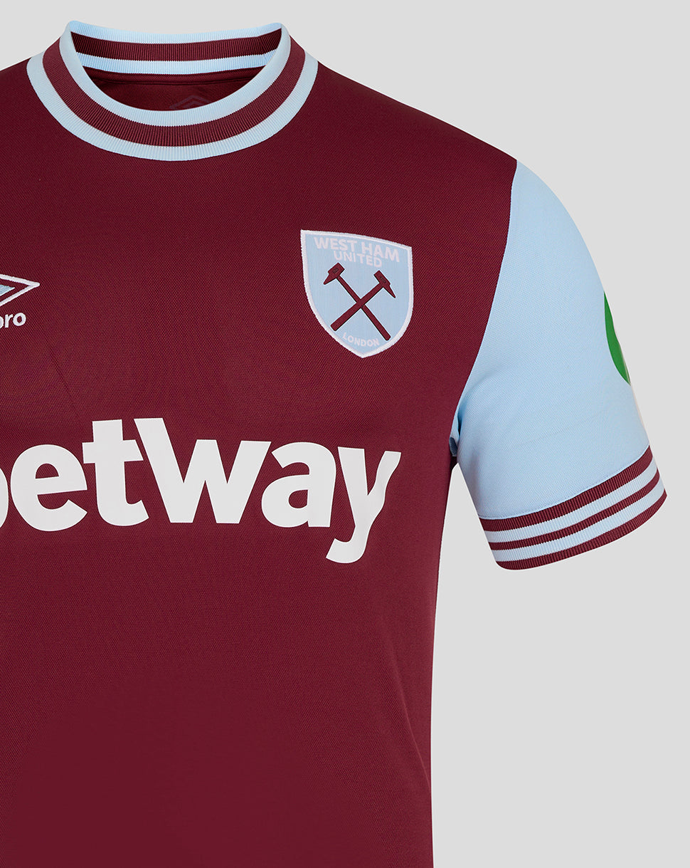 West Ham 24/25 men home jersey front close up maroon body light blue sleeves crest on chest and betway sponsor