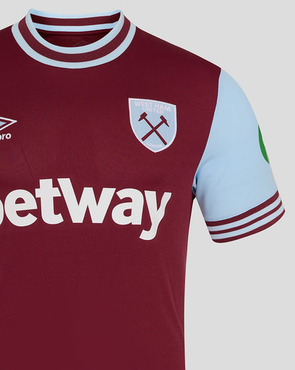 West Ham 24/25 men home jersey front close up maroon body light blue sleeves crest on chest and betway sponsor
