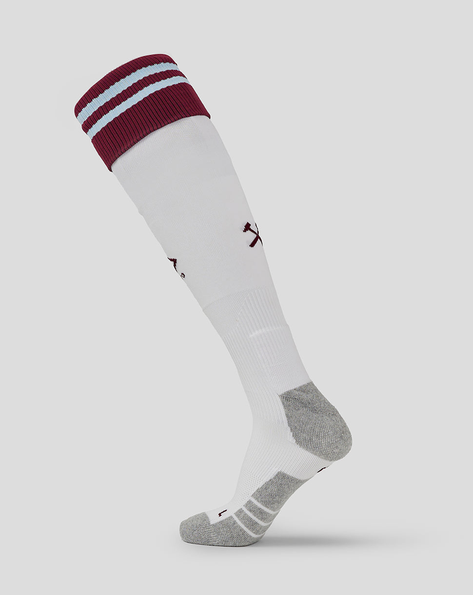 White West Ham home sock for adults with maroon cuff and light blue stripes and grey heel and toe