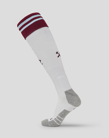 White West Ham home sock for adults with maroon cuff and light blue stripes and grey heel and toe