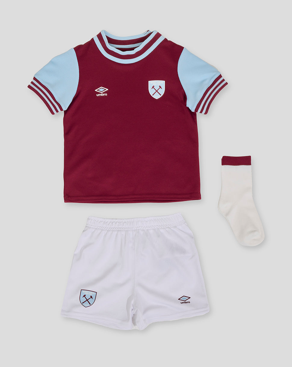 West Ham 24/25 baby home kit with burgundy jersey white shorts light blue sleeves and white sock with burgundy cuff