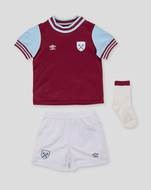 West Ham 24/25 baby home kit with burgundy jersey white shorts light blue sleeves and white sock with burgundy cuff