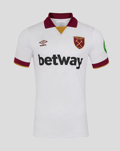 Front view of West Ham United 24/25 third jersey white with maroon collar and gold trim and Betway logo on the chest