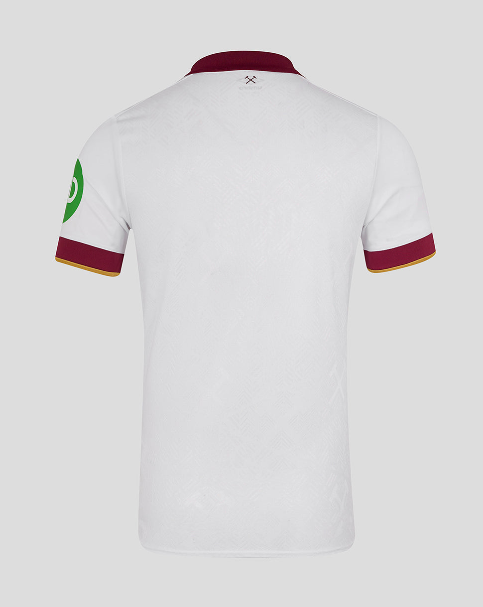 Back view of white West Ham United 24/25 third jersey with maroon collar trim and subtle textured pattern