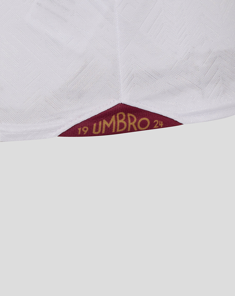 Hem close up of white West Ham 24/25 third jersey with maroon and gold trim
