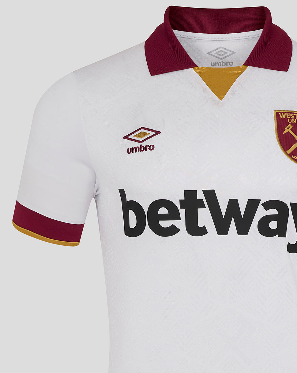 Torso of white West Ham 24/25 third jersey with maroon collar gold insert crest Umbro logo and Betway sponsor