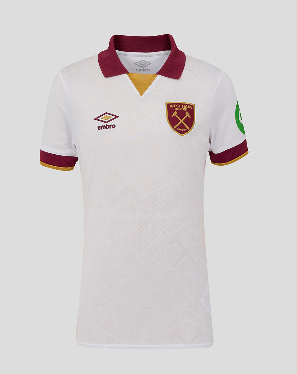 West Ham 24/25 junior third jersey white with maroon collar and gold trim subtle pattern Umbro logo and club crest