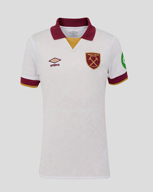 West Ham 24/25 junior third jersey white with maroon collar and gold trim subtle pattern Umbro logo and club crest