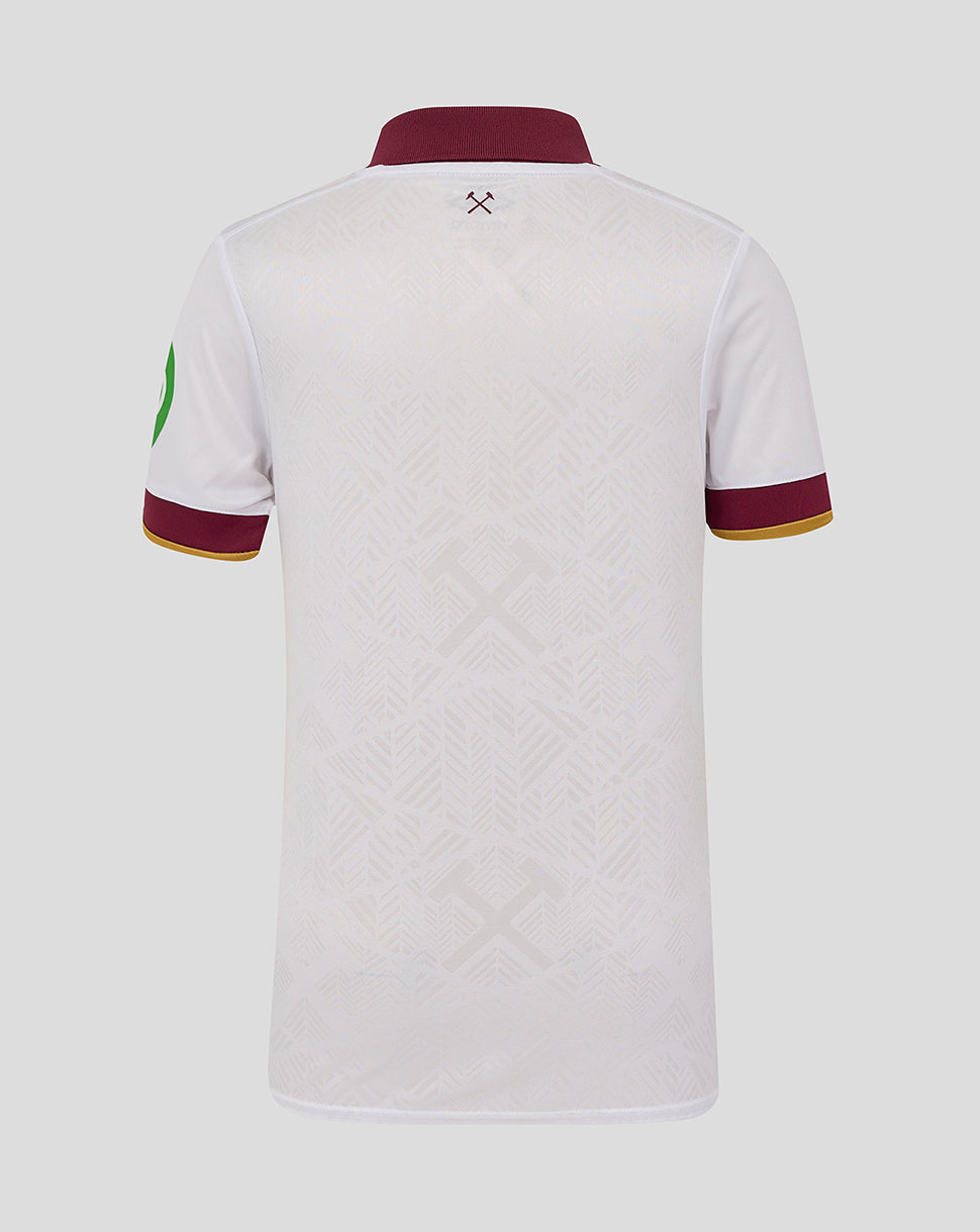 Back view of West Ham 24/25 Junior Third Jersey short sleeve white with maroon collar and subtle geometric pattern