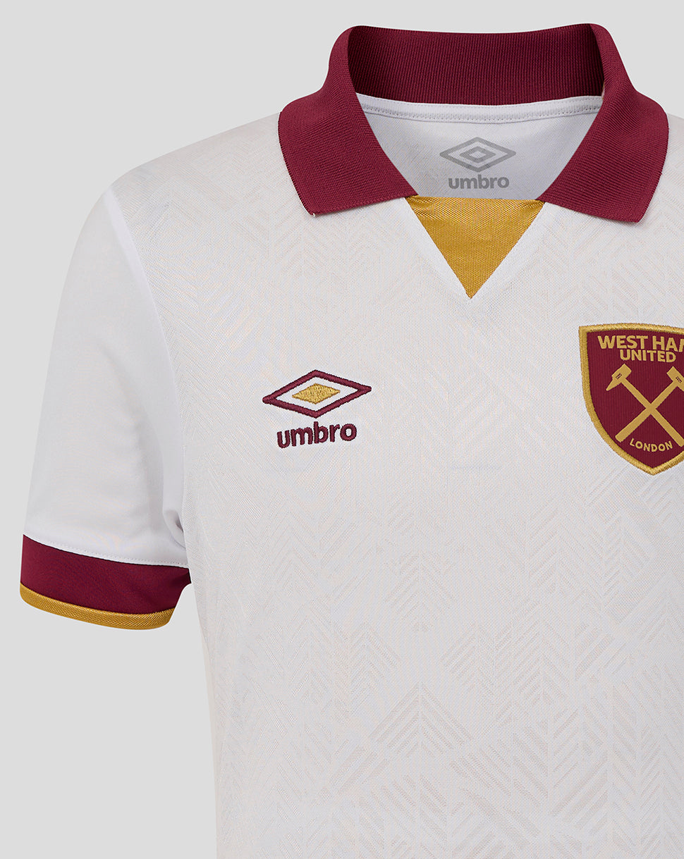 White West Ham junior third jersey front view with burgundy collar gold V neck and club crest