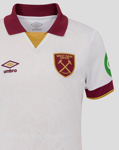 Front view of West Ham junior third jersey white with burgundy collar crest on chest and Umbro logo