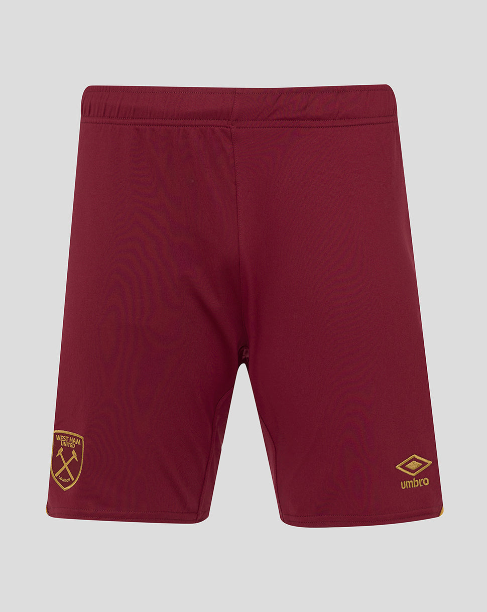 Burgundy West Ham 24/25 Third shorts with gold club crest on the left leg and the Umbro logo on the right leg