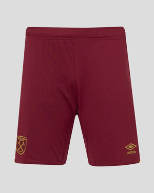 Burgundy West Ham 24/25 Third shorts with gold club crest on the left leg and the Umbro logo on the right leg
