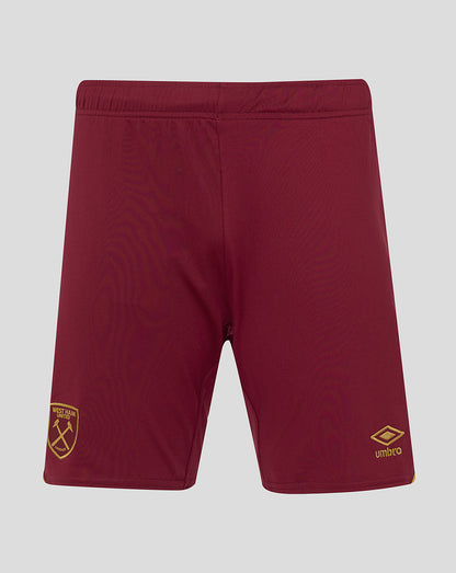 Burgundy West Ham 24/25 Third shorts with gold club crest on the left leg and the Umbro logo on the right leg