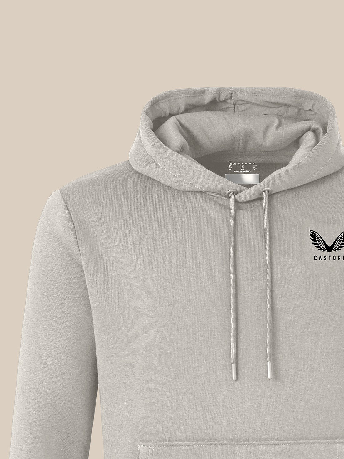 Close up of marl grey hoodie hood neckline and drawstrings with chest logo on the front