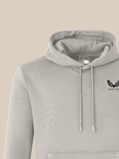 Close up of marl grey hoodie hood neckline and drawstrings with chest logo on the front