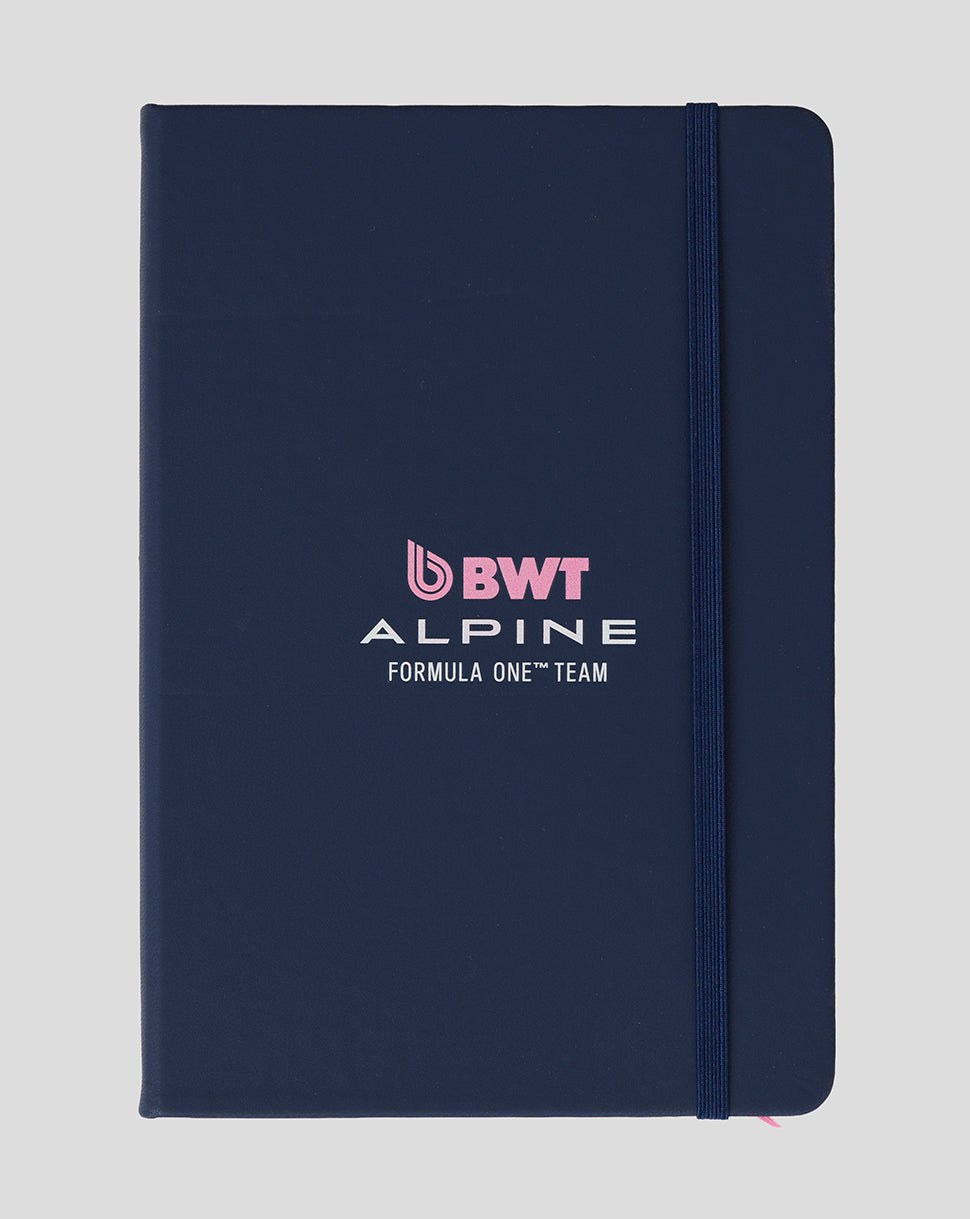 Navy BWT Alpine notepad with elastic band and printed logo on the cover.