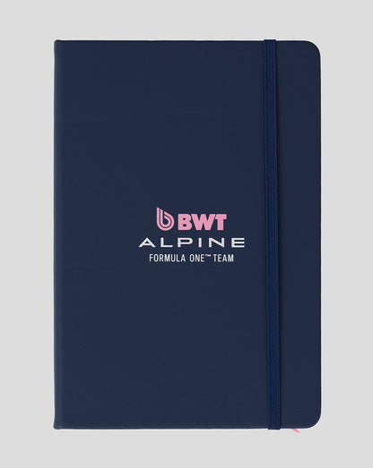 Navy BWT Alpine notepad with elastic band and printed logo on the cover.